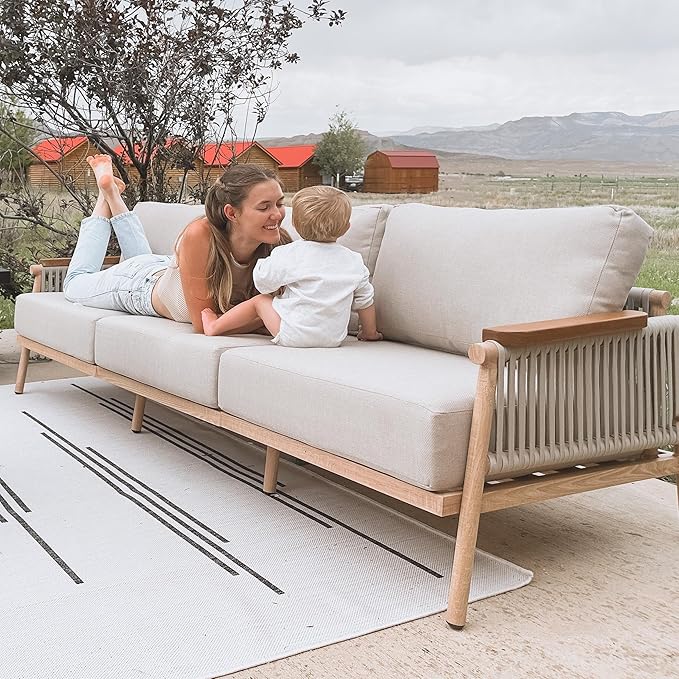 Acanva Modern All-Weather Aluminum Outdoor Patio Sofa with Thick Cushions, Olefin Fabric Sunroom Backyard Furniture, Couch Light Khaki