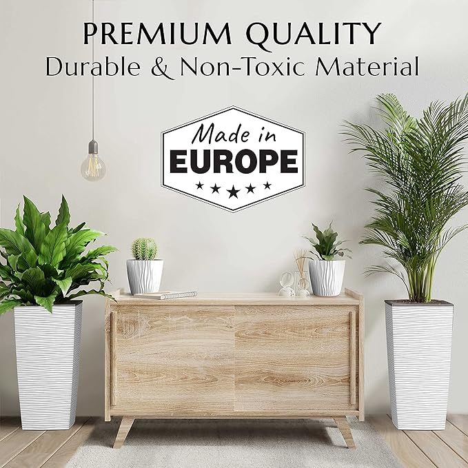 Mueller M-Resin Heavy Duty Tall Planters for Outdoor Plants, Indoor Grande Plant Pots, Boxes, Trees, Flower Pots, 2-Piece Set, 24”, Modern Design, Built-in Drainage, Front Porch Decor, White