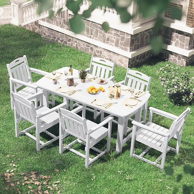 HDPE Outdoor Patio Dining Set with Table & 6 Chairs, All-Weather 7-Piece Outdoor Table and Chairs, 2" Umbrella Hole, Patio Furniture for Garden, Backyard, Deck | White