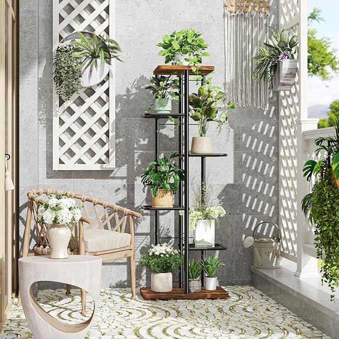 Simple Trending Plant Stand Indoor, Tall 6 Tier Metal Plant Shelf for Multiple Plants, Tiered Flower Pot Stands for Patio Garden Balcony Living Room Bedroom, Brown