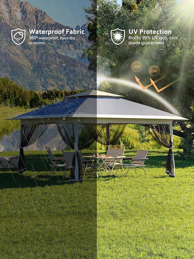 13 X 13FT Pop Up Gazebo, Canopy Tent, Gazebos on Clearance,Patio Folding Canopy with Mosquito Netting - Backyard Tent for Party, Wedding, Outdoor Dining, Patio, Backyard(Navy Blue+Hemp Grey)
