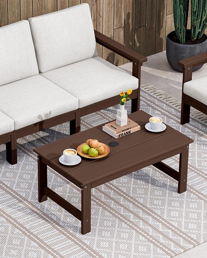 SERWALL HDPE Patio Coffee Table, Rectangle Outdoor Coffee Table, All-Weather Coffee Side Table for Balcony, Poolside, Deck, Garden, Coffee Brown