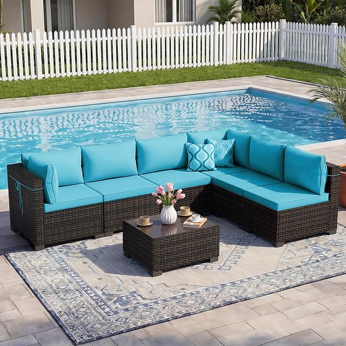 LEVELEVE 7 Pieces Outdoor Patio Furniture Sets,Rattan Conversation Sectional Set,Manual Weaving Wicker Patio Sofa with Tea Table
