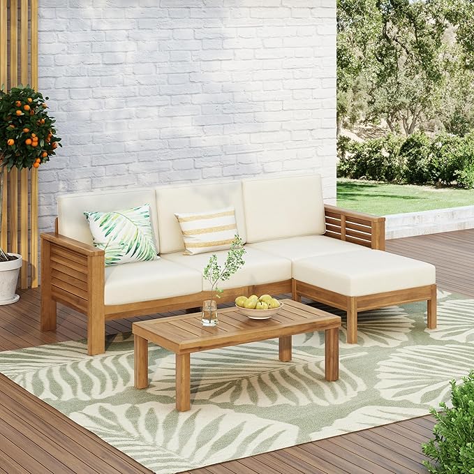 Merax 3 Piece Acacia Wood Patio Furniture Set, Outdoor Sectional Sofa Set with Coffee Table, 4 Seats Sofa Deep Seating with Soft Cushions for Garden, Backyard, Teak & Cream