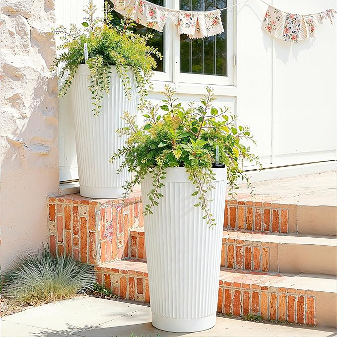 24” Tall Outdoor Planters Set of 2, Self Watering Flower Pots White Planters for Outdoor Plants, Modern Plastic Tall Planter for Front Porch, with Drainage Hole (Ribbed)