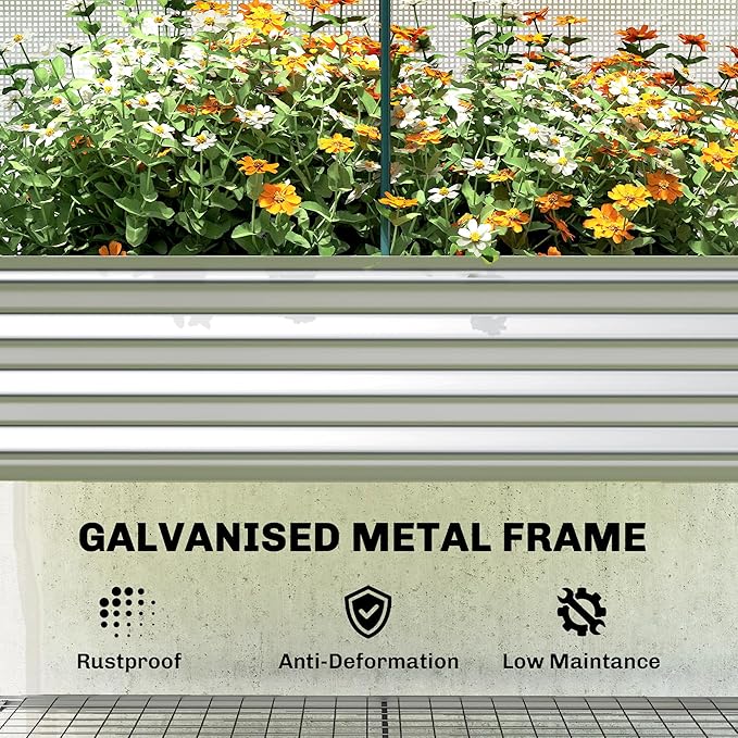 Outsunny Galvanised Raised Garden Bed with Greenhouse Cover, Metal Elevated Garden Bed with Legs, Bed Liner and Bottom Shelf, Outdoor Raised Planter Box for Vegetables, Herbs, Flowers, Silver