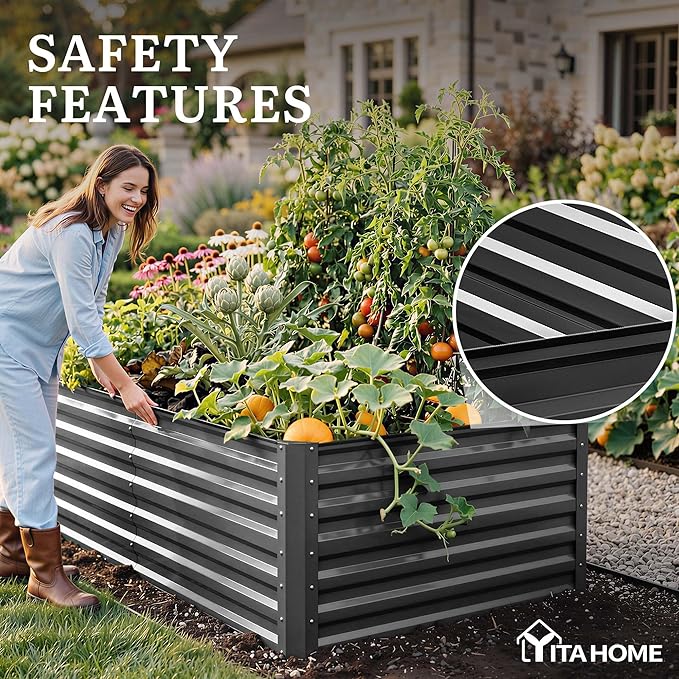 YITAHOME 8x4x2ft 2pcs Large Raised Garden Bed, Galvanized Metal Planter Box with Gloves, Ground Nails, Support Rod & Safety Rubber, Outdoor Above Ground Planters for Plants Vegetables Flowers, Black