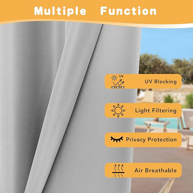 HolidayIdeas Outdoor Curtains for Patio Waterproof, 4 Panels - 54 x 95 Inch - Privacy Protection & Light Filtering Curtains Silver Grommet Outside Curtains for Porch, Gazebo, Pergola, Backyard