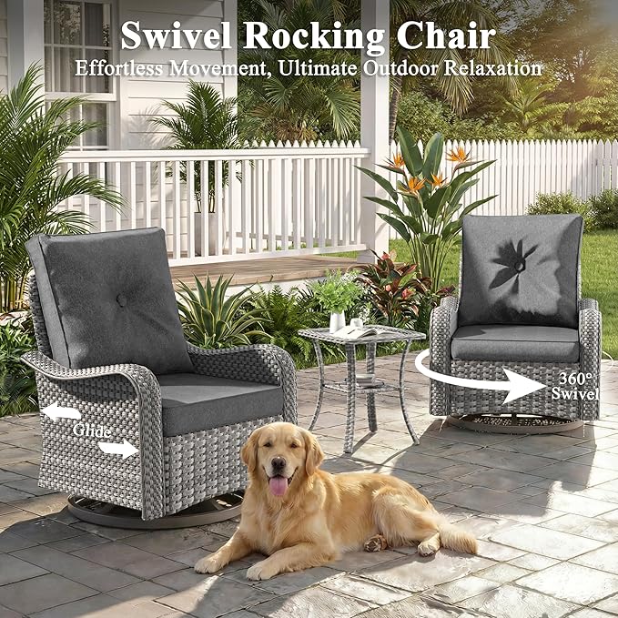 2-Seat Modern Patio Furniture Set with Swivel Rocking Chairs, Thick 4″ Cushions, Dual-Strand Wicker Rattan, Rust-Resistant Steel Frame – Outdoor Conversation & Modular Sectional,Black