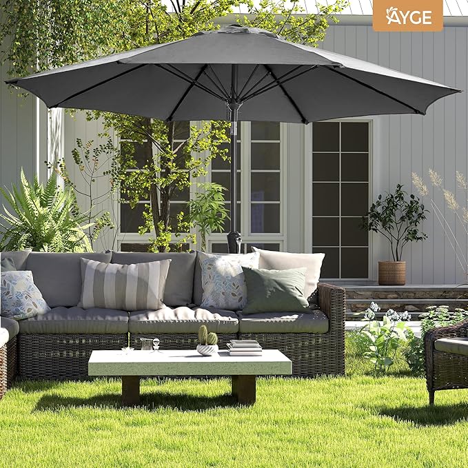 Ayge 9FT Large Outdoor Patio Umbrella Market Table Umbrella-UV Resistant, Easy Push Button Tilt and Crank, 8 Sturdy Fiberglass Ribs Heavy-Duty Pool Umbrella for Deck, Backyard,Garden,Grey