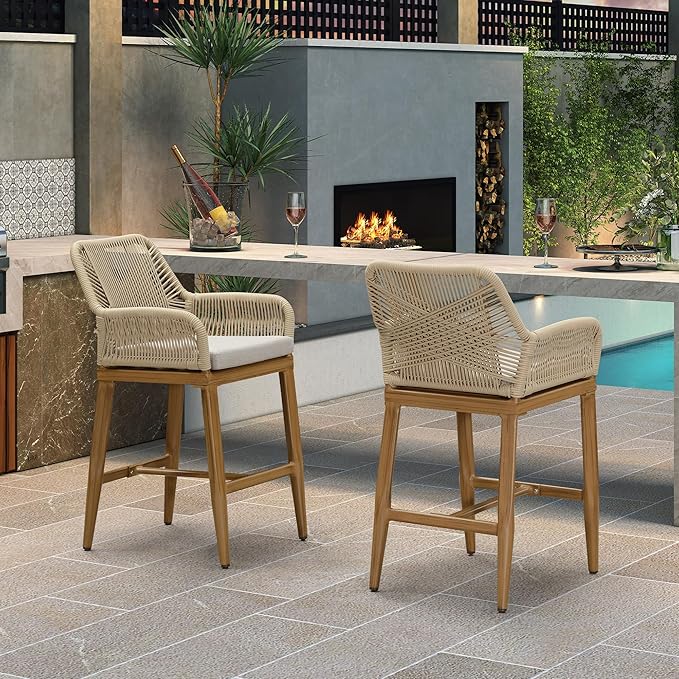 PURPLE LEAF Outdoor 24" Counter Height Bar Stools Chair Set of 2, All Weather Rattan and Aluminum Patio Bar Stool with Cushion for Indoor and Outdoor, Kitchen Island, Teak