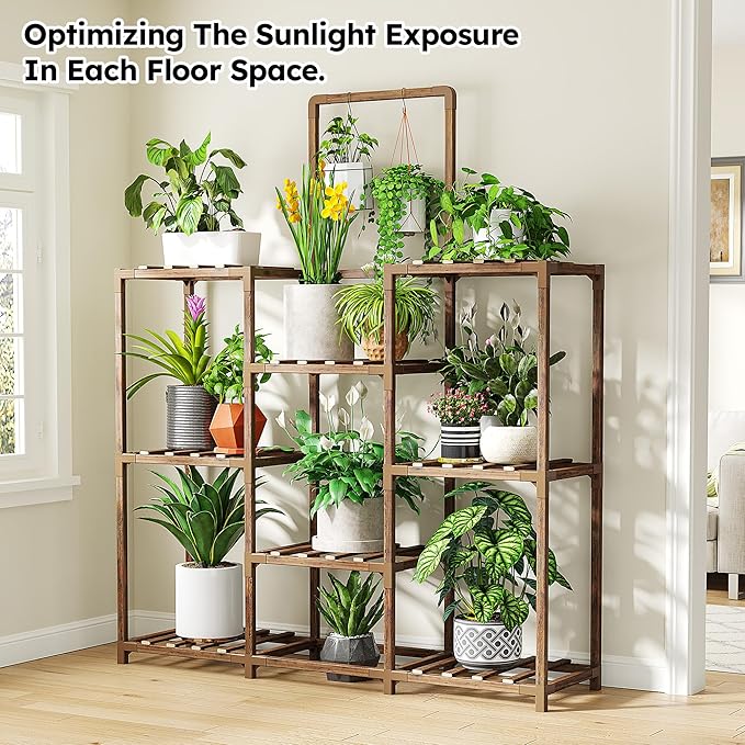 EnHomee Plant Stand Indoor Large Plant Stand Outdoor 5 Tiers Wood Tiered Plants Shelf for Multiple Plants with 10-15 Potted for Living Room Patio Balcony Yard Garden 34.3" W x 11.8" D x 47.2" H