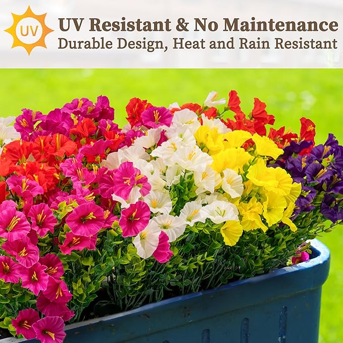 20PCS Artificial Fake Flowers for Outdoors/Indoors, Faux Silk Colorful Morning Glory with Eucalyptus, UV Resistant Realistic Floral Arrangement for Garden Porch Window Box Home Balcony Yard (5 Colors)