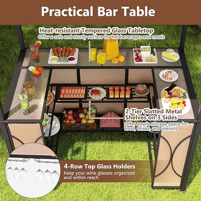 Tangkula 3-Piece Patio Bar Set, Grill Gazebo & 2 Bar Stools with Tempered Glass Bar Table, Metal Storage Shelves, Glass Holders, Double-Tier Soft Top Canopy BBQ Gazebo Shelter for Patio Garden (Brown)