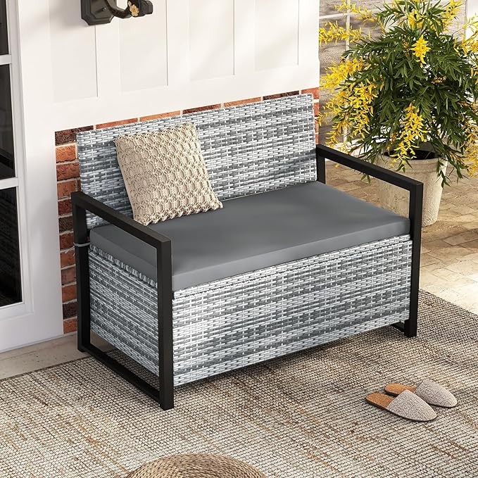 RELAX4LIFE Wicker Outdoor Bench with Storage - Rattan Deck Box w/Protective Liner for Pillows, Pool Supplies, Garden Tools, Patio Loveseat with Seat Cushion & Metal Armrests for Backyard Porch Balcony