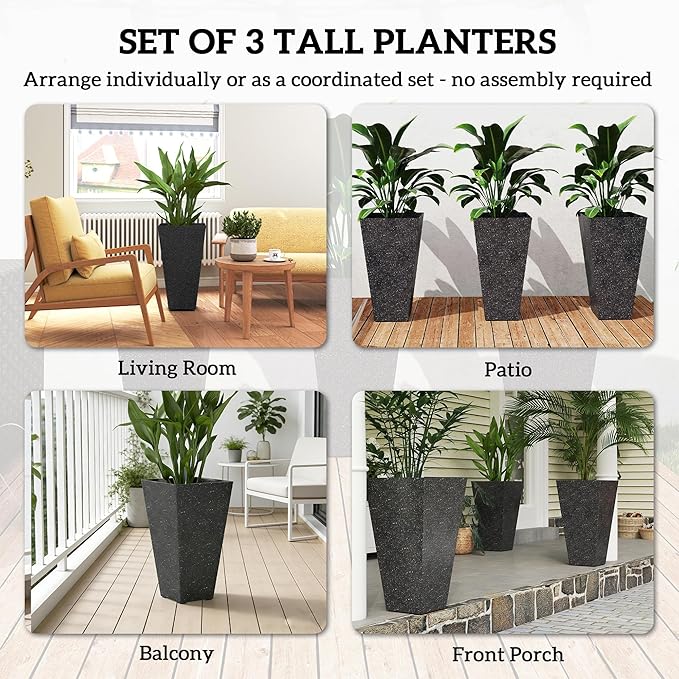 Outsunny 28 Inch Tall Planters for Outdoor Plants, Set of 3 Plastic Flower Pots with Marble Finish and Drainage Holes, Stackable Tapered Large Planters for Indoor Plants, Front Porch Decor, Black