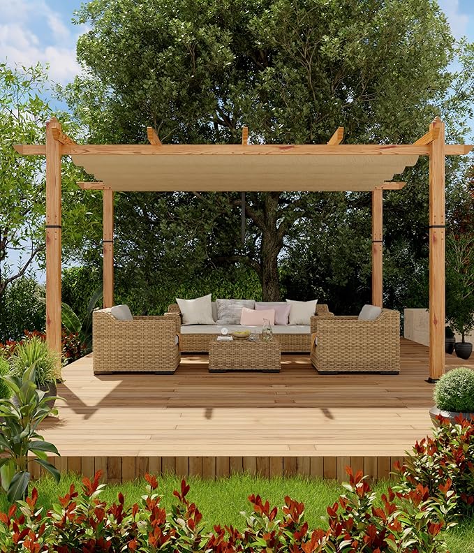 10 x 13 ft Aluminum Pergola with Adjustable Canopy, Outdoor Metal Pergola, Imitation Wood-Grain Sun Shade Shelter for Garden Patio Backyard Deck