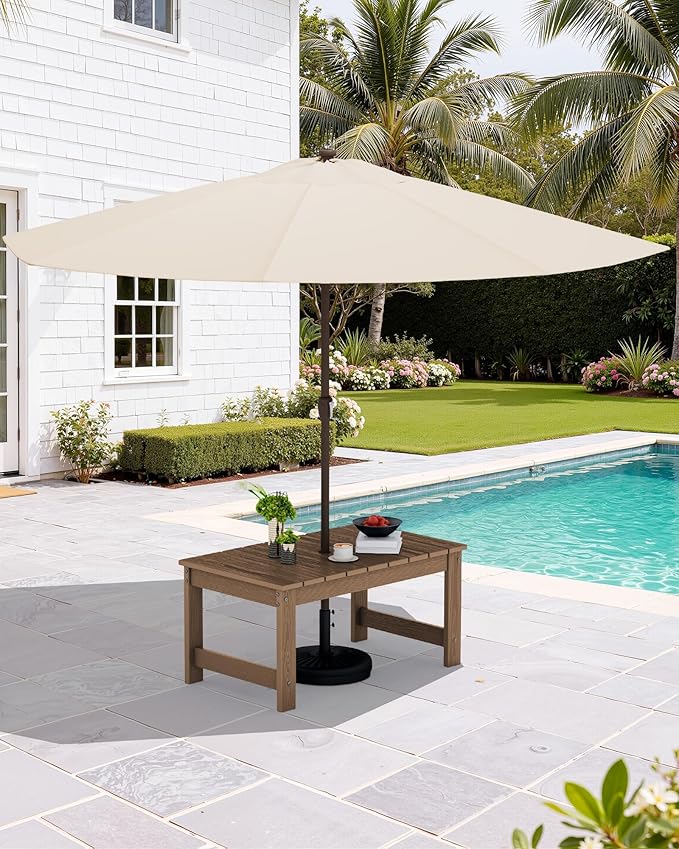 SERWALL Outdoor Coffee Table with 9FT Umbrella, HDPE Patio Coffee Table for Outside, Rectangle, Brown(Not Include Umbrella Base)
