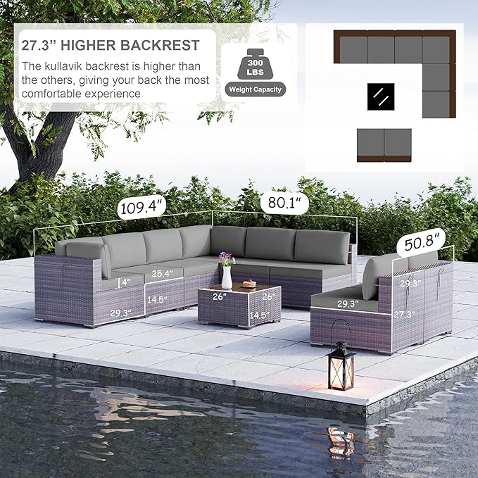 Kullavik 9 Pieces Outdoor Patio Furniture Set PE Wicker Rattan Sectional Sofa Patio Conversation Sets,Grey