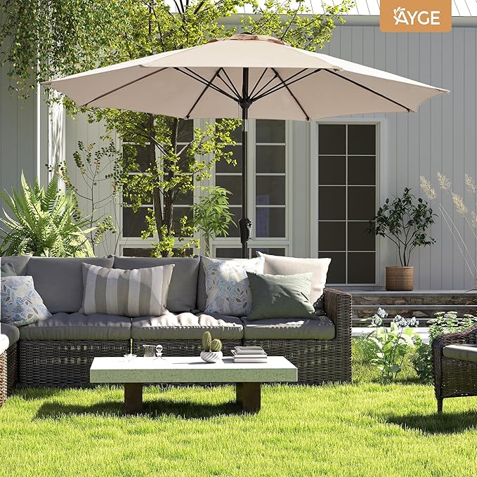 Ayge 9FT Large Outdoor Patio Umbrella Market Table Umbrella-UV Resistant, Easy Push Button Tilt and Crank, 8 Sturdy Fiberglass Ribs Heavy-Duty Pool Umbrella for Deck, Backyard,Garden,Beige