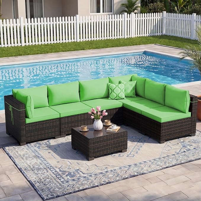 LEVELEVE 7 Pieces Outdoor Patio Furniture Sets,Rattan Conversation Sectional Set,Manual Weaving Wicker Patio Sofa with Tea Table