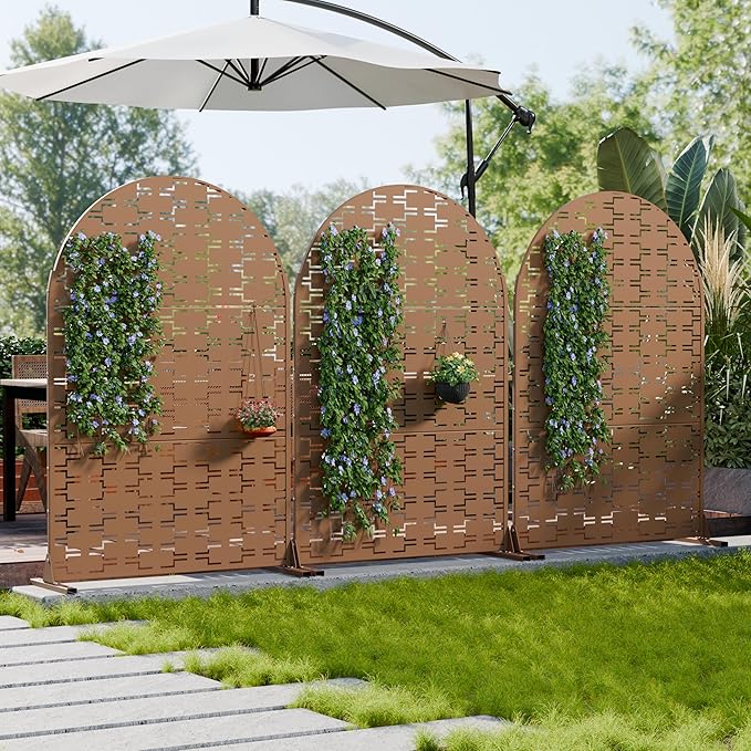 Casaphoria Metal Arched Privacy Screen Outdoor, 72" H x 47" W Freestanding Decorative Privacy Screen for Patio Deck Balcony Garden with Stable Base, Brown-Brick