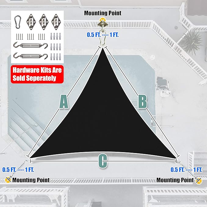 Amgo Custom Size 20' x 20' x 20' Black Triangle Sun Shade Sail Order to Make Canopy Awning UPF50+ AGSLT, 95% UV Blockage, Water & Air Permeable, 200GSM Commercial Standard (We Customize)