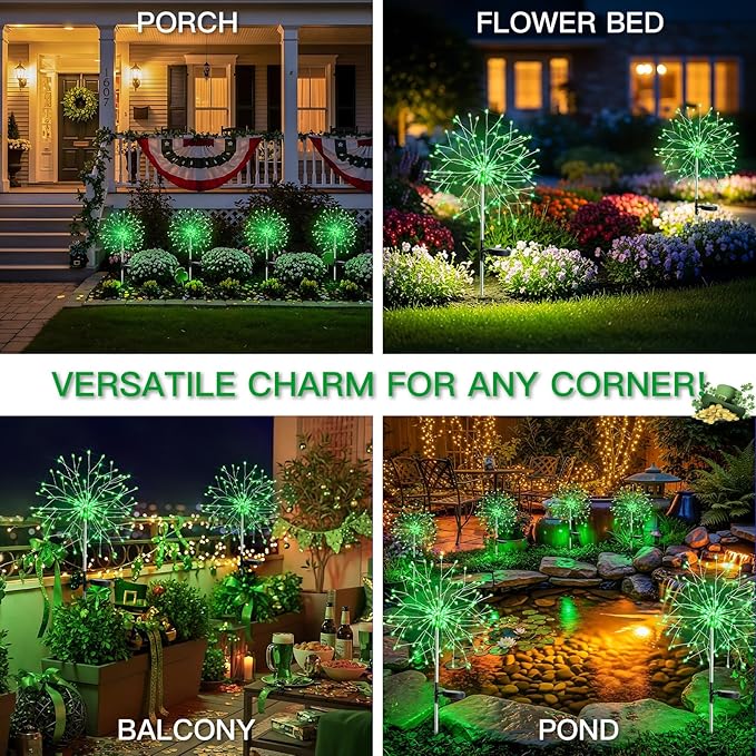 suddus St. Patrick's Day Decorations Solar Firework Lights - 150 LED Green Outdoor Garden Lights, 8 Modes DIY Sparkler Lights, Waterproof Solar Stake Lights for Yard, Pathway Flowerbed Decor (2 Pack)