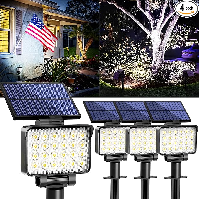 Solar Spot Lights Outdoor Waterproof for Flag, Tree, House, Garden, Yard, 3 Brightness Modes Solar Powered Landscape Spotlights 4 Pack Cool White