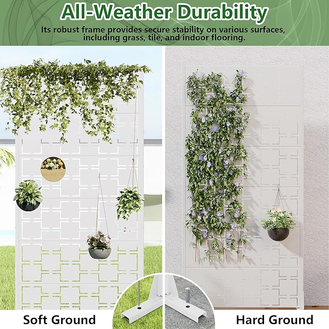 Casaphoria Metal Privacy Screen Outdoor, 72" H x 35" W Freestanding Decorative Privacy Screen for Patio Deck Balcony Garden with Stable Base, White-Square