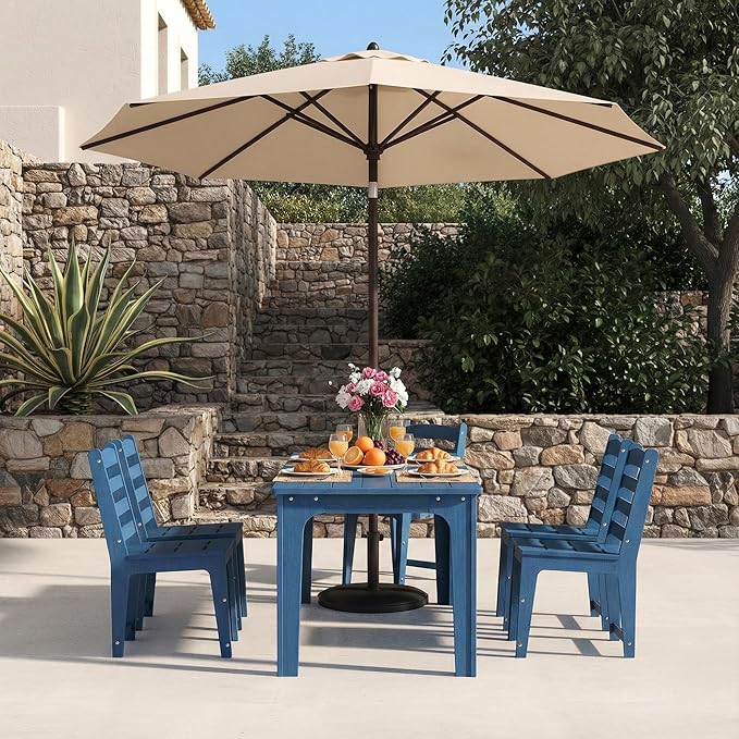 HDPE Patio Dining Set for 6, Weather-Resistant Outdoor Table with Umbrella Hole, Never Sagging One-Piece Tabletop with Metal Support Bars for Poolside Backyard Garden (Blue)