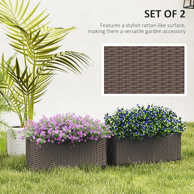 Outsunny Railing Planter Box (2 Pack, 20 Inch), Hanging Flower Pots with Hooks, Drainage Holes for Fence, Balcony, Garden, Patio, Rattan Look, Brown