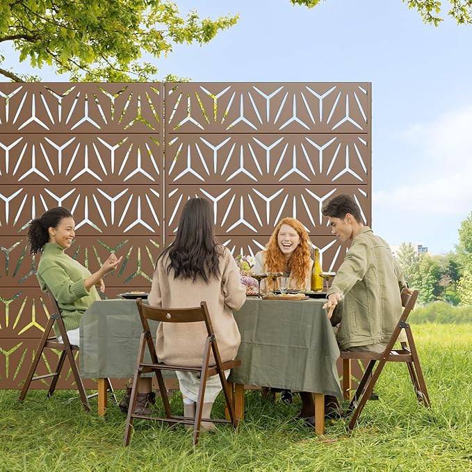 Casaphoria Metal Privacy Screen Outdoor, 72" H x 47" W Freestanding Decorative Privacy Screen for Patio Deck Balcony Garden with Stable Base, Brown Star