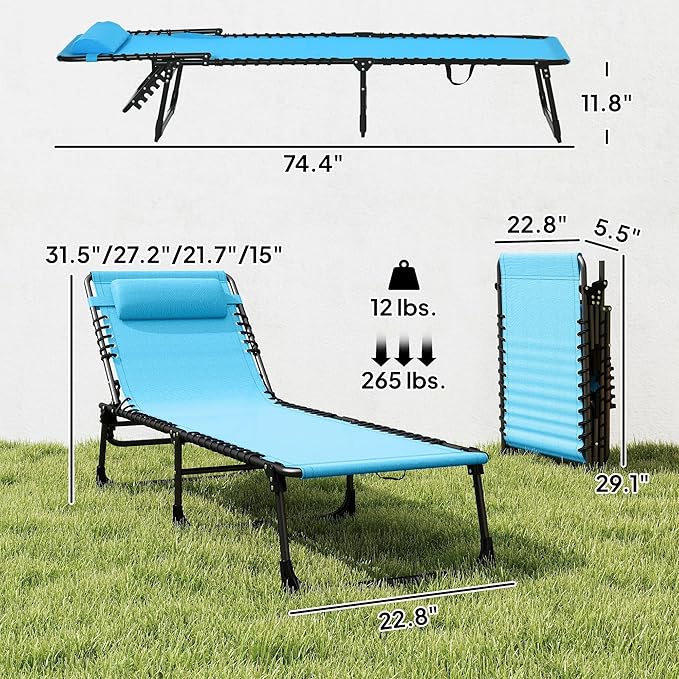 Outsunny Folding Chaise Lounge Chair, Patio Sun Tanning Chair, Outdoor Chaise Lounger with 4-Position Reclining Back, Breathable Mesh Seat for Beach, Poolside, Yard, Blue