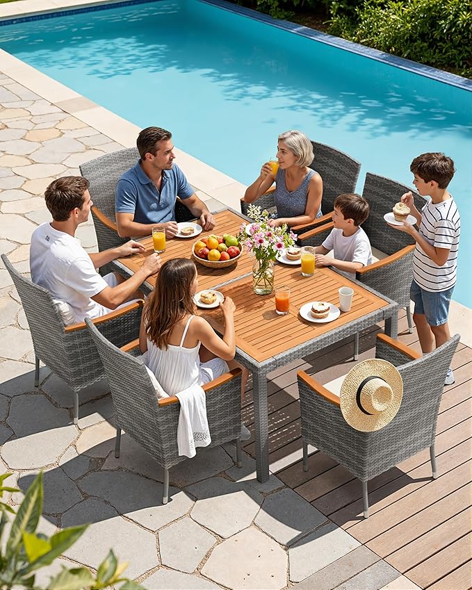 Flamaker 7 Piece Patio Dining Set Outdoor Acacia Wood Table and Chairs with Soft Cushions Wicker Patio Furniture for Deck, Backyard, Garden (Grey)