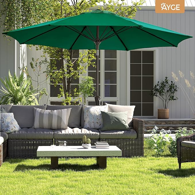 Ayge 9FT Large Outdoor Patio Umbrella Market Table Umbrella-UV Resistant, Easy Push Button Tilt and Crank, 8 Sturdy Fiberglass Ribs Heavy-Duty Pool Umbrella for Deck, Backyard,Garden,Green