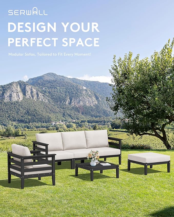 SERWALL HDPE Patio Furniture Set, 2 Pieces Outdoor Sectional Sofa Set, All-Weather Wood-Like Outdoor Sofa Couch with Coffee Table for Deck, Lawn, Black Frame with Khaki Cushion