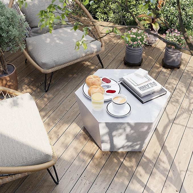 UPHA Outdoor Hexagon Coffee Table, Small Modern Minimalist Accent Tables, Low Light Concrete Center Table for Living Room, Outside Patio, Deck, 28×24.2×15.4, Off-White