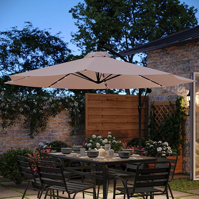 Flash Furniture Sedona Round Solar Cantilever Umbrella, Commercial Grade with Built in Cross Base, Crank and Tilt, 32 LED Lights, 6 Hour Run Time, 10 FT, Tan