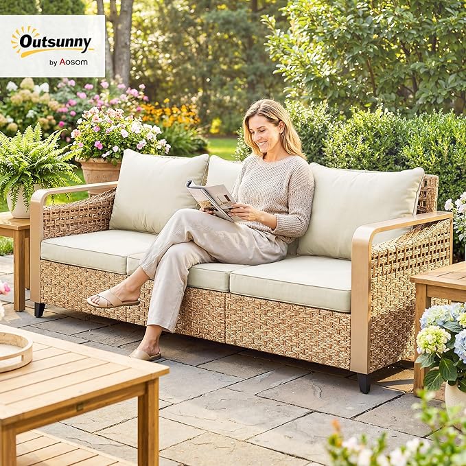 Outsunny Outdoor Patio Couch with Wide and Deep Seat, 3 Seater Wicker Outdoor Sofa with Wide Metal Armrests, Patio Furniture Couch with Cushions for Porch, Garden, Backyard, Beige | Removable Covers