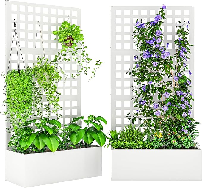 Outsunny Galvanized Raised Garden Bed with Trellis, Metal Planter Box with Drainage Holes, Outdoor Privacy Screen for Climbing Plants, Vegetable, Vines, 35" x 16" x 70", 2 Pack, White