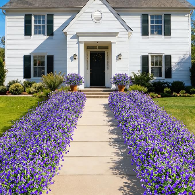 20 Bundles Artificial Flowers for Outdoors Fake Plastic Flowers UV Resistant Realistic Faux Plants Shrubs for Spring Summer Garden Porch Yard Patio Planter Window Box Home Decor, Purple