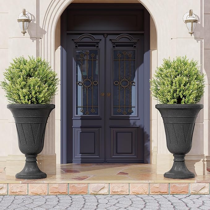 23" Tall Planters for Outdoor Plants Set of 2, Planter with Drainage Holes and Trophy Design, Large Outdoor Planters for Porch, Garden, Black