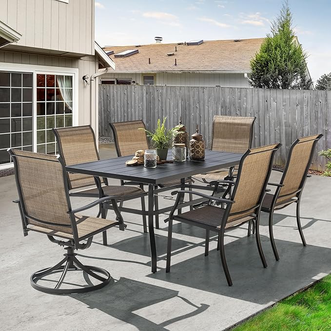 NUU GARDEN 7 Pieces Outdoor Dining Sets, Textilene Swivel Patio Table and Chairs All-Weather Outdoor Furniture Set for Lawn, Backyard, Balcony, Black and Brown