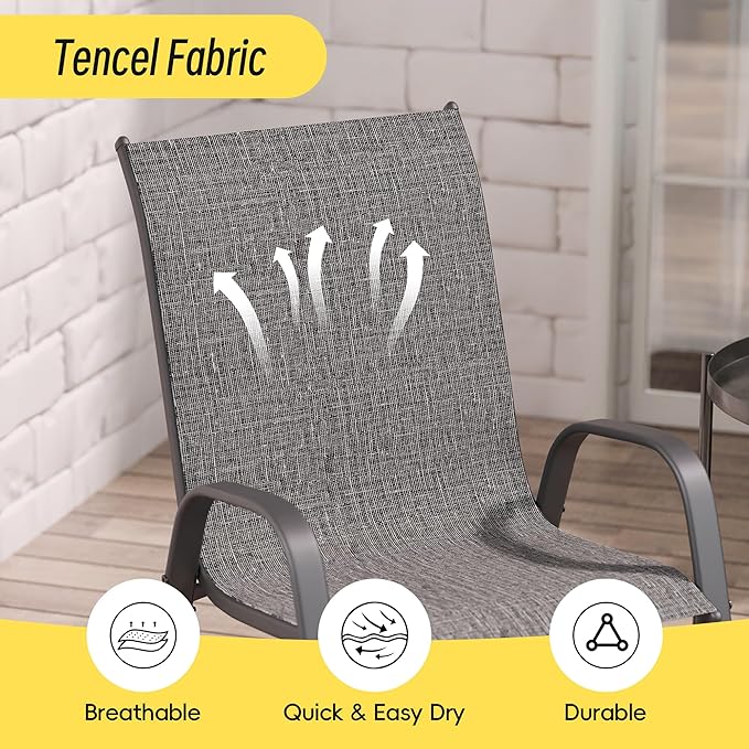 Betterhood Patio Chairs Set of 4, Stackable Outdoor Dining Chairs Set with Breathable Seat Fabric, All-Weather Powder-Coated Metal Frame for Deck, Pool Side and Backyard, 350LBS Capacity (Grey)