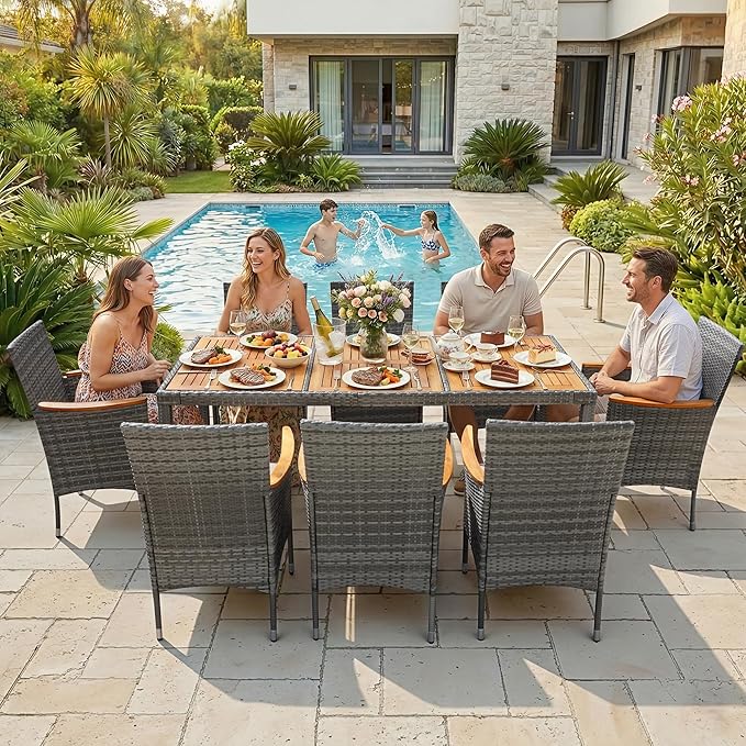 Greesum 9 Pieces Outdoor Patio Dining Set, Conversation Sets with 1 Table and 8 Rattan Chairs with Curved Acacia Wooden Armrests and Cushions, Grey