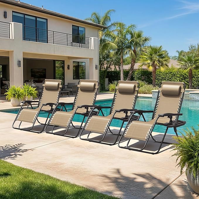 Homall Zero Gravity Chair Patio Folding Lawn Outdoor Lounge Gravity Camp Reclining Lounge Chair with Cup Holder Pillows for Poolside Backyard and Beach Set of 4 (Beige)