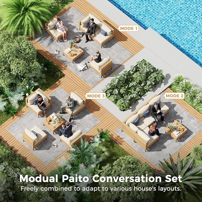 ABCASA Patio Furniture Set, 5-Piece Wicker Outdoor Patio Furniture Sets with Anti-Slip Cushions & Coffee Table,Boho Patio Conversation Set Sectional Sofa for Backyard,Porch,Beige