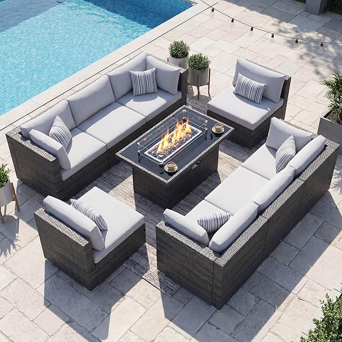NICESOUL 9 Piece Outdoor Patio Furniture Set with Fire Pit Table Dual Natural Gas & Propane, 29.3'' High Back Extra Large Comfy Wicker Conversations, Deep Wide Modular Couches for Garden, Light Grey