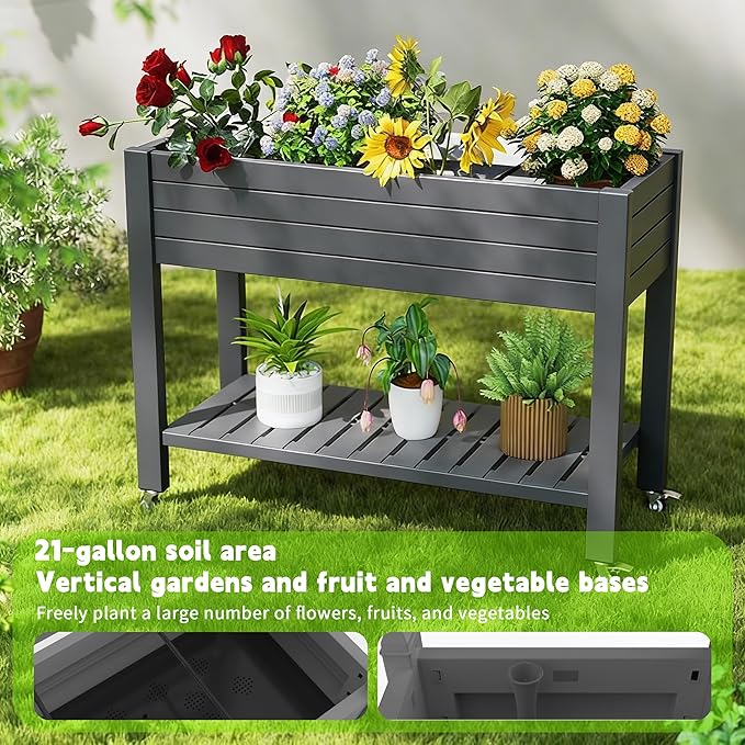 Elevated Raised Garden Bed with Legs, 33.66" Tall Self-Watering Resin Outdoor Planter Box with Storage Shelf, Drain Plug Water & Monitor for Plants Vegetables Flowers Fruits (Black)